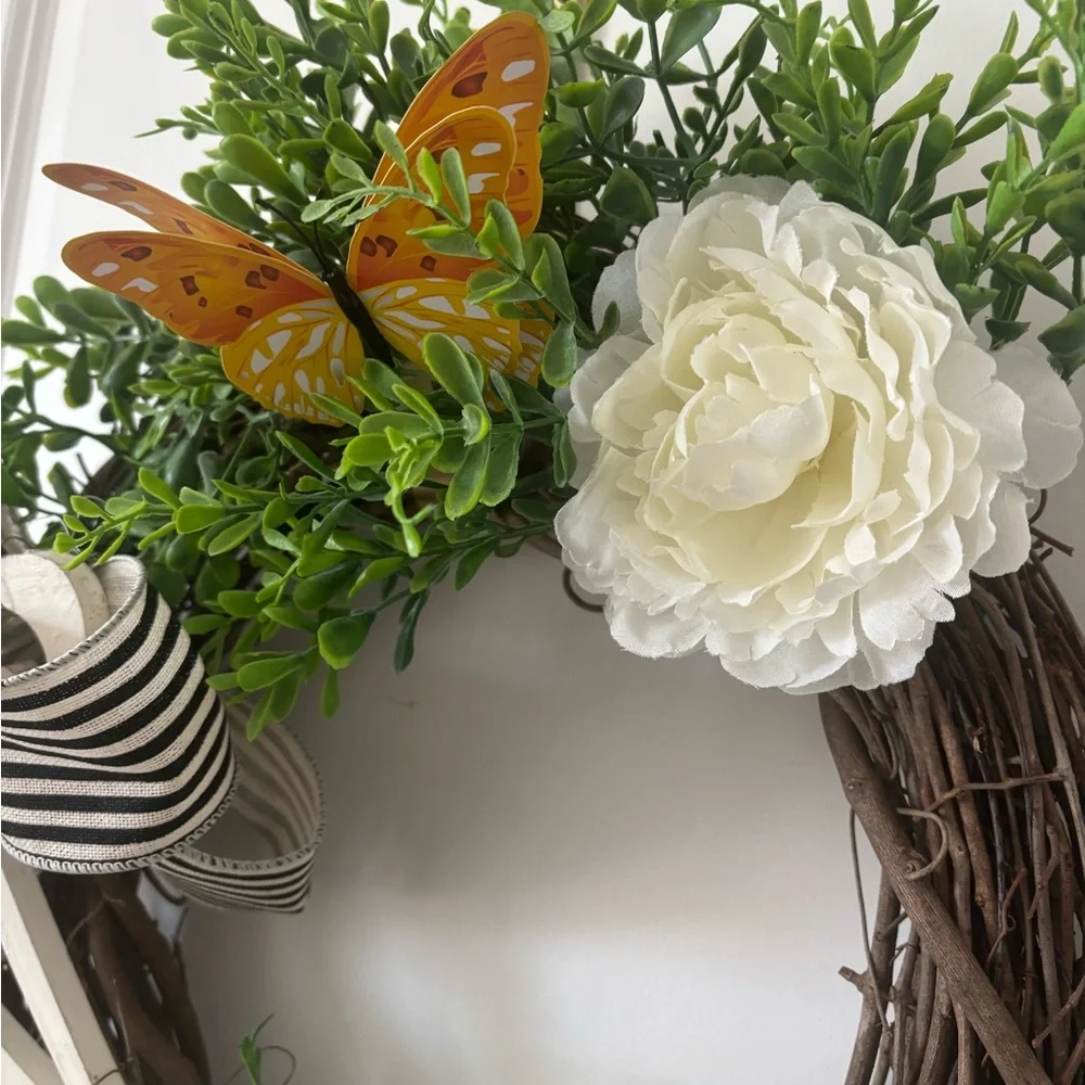 White Peony & Grapevine Wreath Greenery w/ Black Striped Burlap Bow Final Sale